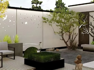 Modern Garden Landscape Design With Decorative Walls Green Plants And Seating Area 3d model