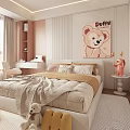 Pink Children's Bedroom Design With Cloud Shaped Ceiling Light Cartoon Bear Art Desk And Wardrobe