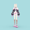 Anime Style Character With Cat Ears Wearing Black Pink Jacket And White Shorts On Light Blue Background