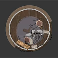 Circular Platform Scene With Gold Bars Equipment Wooden Barrel And Cables