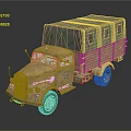 Vintage Old Truck Featuring Camouflage Tarpaulin Cover And Detailed Wheels Design
