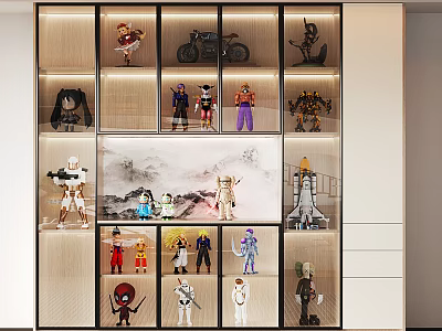 Modern Display Cabinet With Action Figures Models Landscape Painting And LED Lighting 3d model