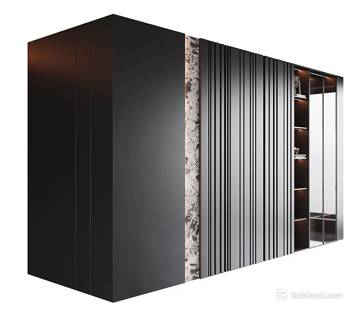 Modern Black Decorative Cabinet With Striped Panels Glass Doors And Interior Shelves 3d model 