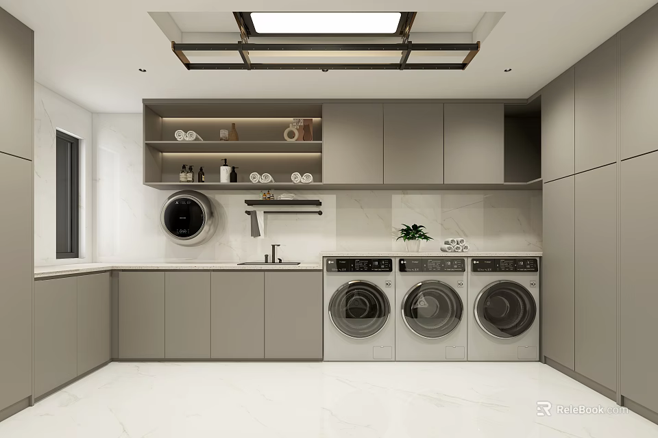 Modern Laundry Room Interior With Three Washing Machines White Countertops Gray Cabinets And Plants 3d model 