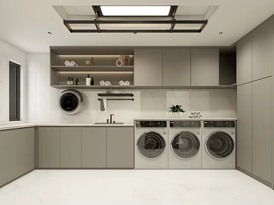 Modern Laundry Room Interior With Three Washing Machines White Countertops Gray Cabinets And Plants 3d model