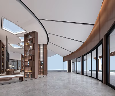 Modern Hotel Public Lounge With Curved Wooden Walls Large Windows Skylights And Bookshelves 3d model