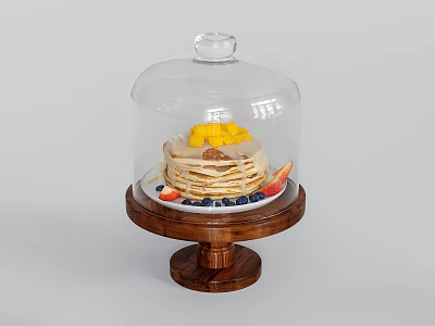 Pancake Stack with Mango Slices Blueberries Strawberries and Syrup Under Glass Cloche on Wooden Stand 3d model