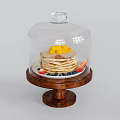 Pancake Stack with Mango Slices Blueberries Strawberries and Syrup Under Glass Cloche on Wooden Stand