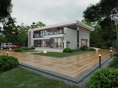 Modern Villa Balcony With Wooden Floor Greenery Lawn And Large Windows 3d model