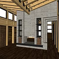 Traditional Architecture With Two Story Wooden Structure Glass Doors And Stone Walls