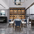 Modern Restaurant Interior With Open Layout Dining Table Blue Chairs Piano And Hanging Lights