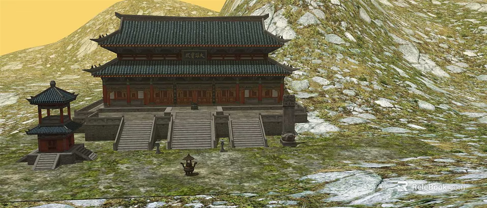 Ancient Chinese Architecture Featuring Traditional Roof Stone Stairs And Rocky Mountain Surroundings 3d model 