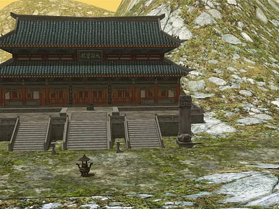 Ancient Chinese Architecture Featuring Traditional Roof Stone Stairs And Rocky Mountain Surroundings 3d model
