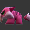 Pink Cartoon Feline Creature With Sharp Fangs Green Eyes Front Side Views And Reflective Background