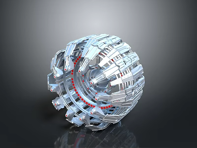 Futuristic Landscape With Silver Mechanical Sphere And Red Accent Lines 3d model