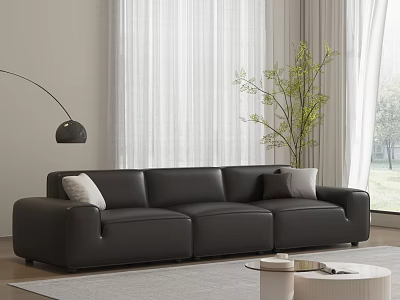 Modern Black Three Seater Sofa with Light Dark Pillows Black Floor Lamp White Curtains in Living Room 3d model