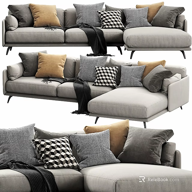 Modern Gray Sectional Sofa With Mixed Pattern Pillows And Black Throw Blanket 3d model
