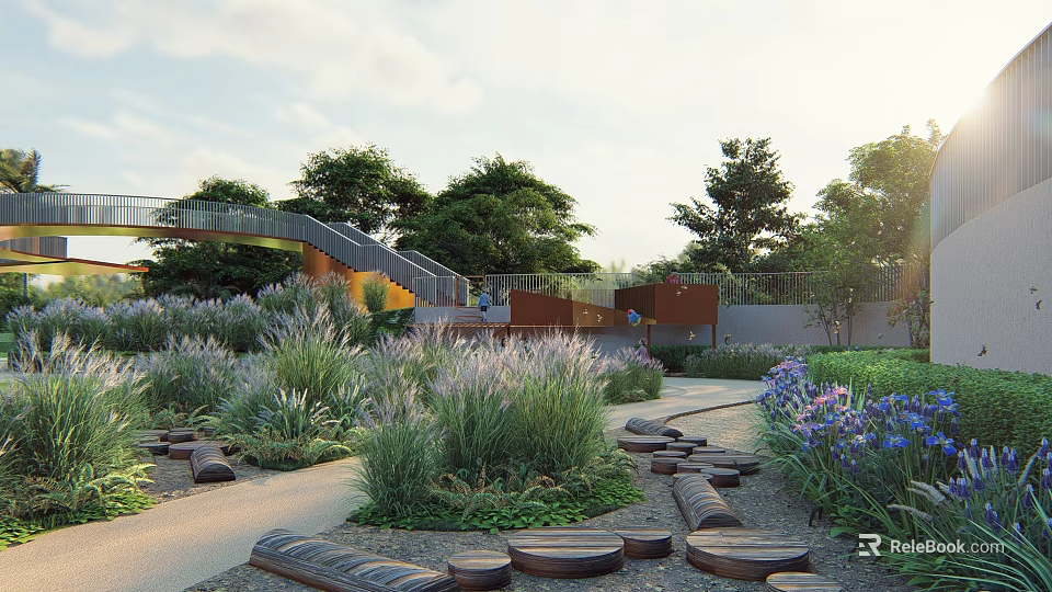 Outdoor Children's Play Area With Green Plants Pathways And Wooden Benches 3d model 