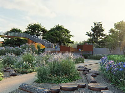 Outdoor Children's Play Area With Green Plants Pathways And Wooden Benches 3d model