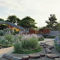 Outdoor Children's Play Area With Green Plants Pathways And Wooden Benches