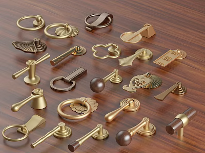 Various Vintage and Modern Brass Handles with Decorative Designs on Wooden Surface 3d model