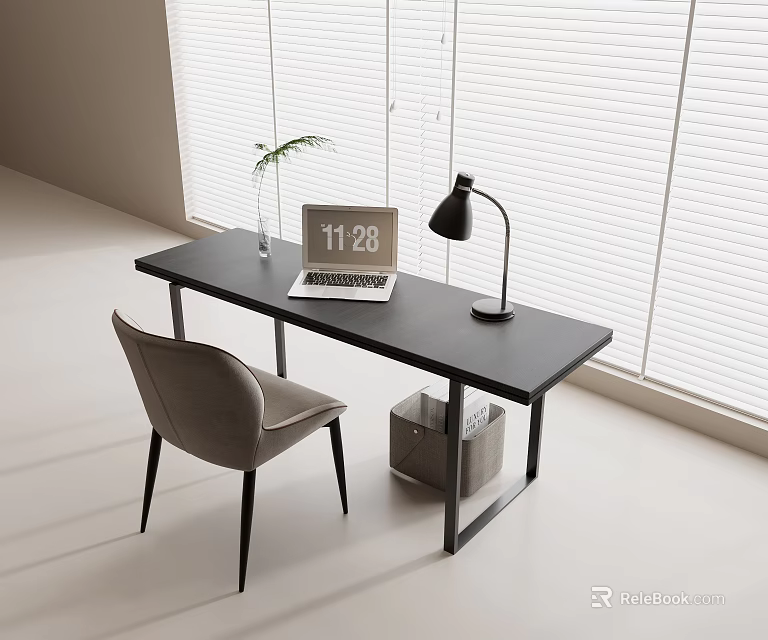 Modern Black Desk With Laptop Lamp Chair Storage Basket And Green Plant By Blinds 3d model 
