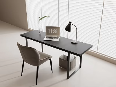 Modern Black Desk With Laptop Lamp Chair Storage Basket And Green Plant By Blinds 3d model