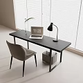 Modern Black Desk With Laptop Lamp Chair Storage Basket And Green Plant By Blinds