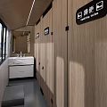 Modern Public Toilet Interior With Wooden Cubicles Accessible Toilet Sign And Washbasin