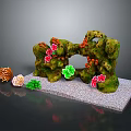 Colorful Tropical Fish Swimming Near Mossy Rock With Red Green Flowers And Coral Decor