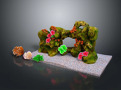 Colorful Tropical Fish Swimming Near Mossy Rock With Red Green Flowers And Coral Decor 3d model