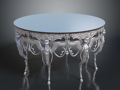 Round Silver Table With Ornate Carved Design And Angelic Figure Legs For Elegant Home Decor 3d model