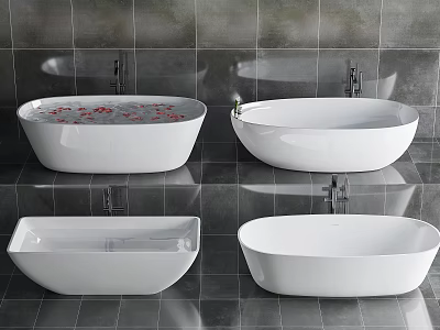 White Bathtubs In Different Styles With Grey Tiled Bathroom Background Design 3d model