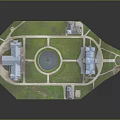 Cartoon Scenic Model With Buildings Green Lawn Central Fountain And Paths