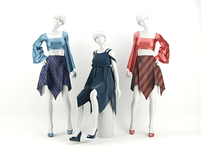Fashion Mannequins Displaying Stylish Dresses With Unique Skirt Designs 3d model