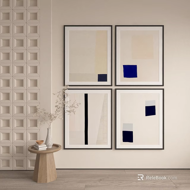 Framed Abstract Paintings Hanging On Wall With Geometric Shapes In Beige Blue Black Tones 3d model 