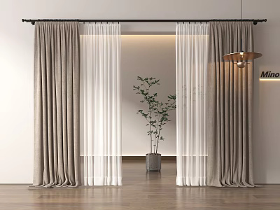 Double Layer Light Brown White Curtains Modern Interior Wooden Floor Green Plant 3d model