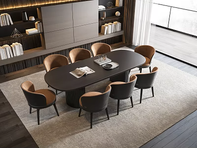 Modern Restaurant Interior With Oval Dark Dining Table Six Brown Upholstered Chairs And Bookshelves 3d model