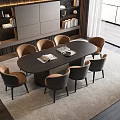 Modern Restaurant Interior With Oval Dark Dining Table Six Brown Upholstered Chairs And Bookshelves