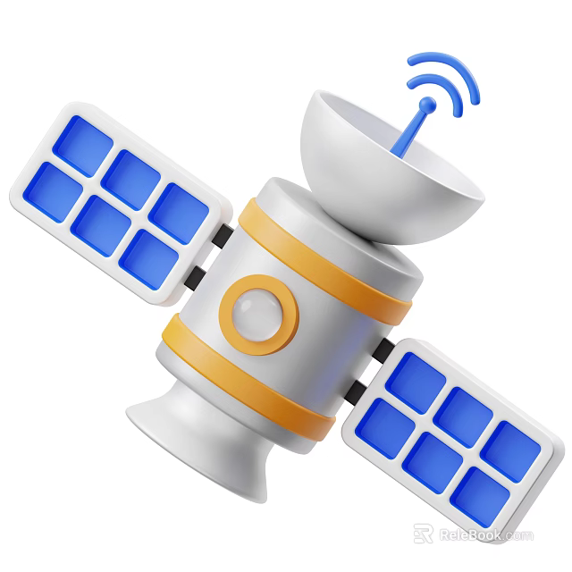 Cartoon Satellite With White Body Yellow Stripes Blue Solar Panels Antenna And Signal Waves 3d model 