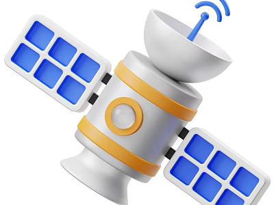 Cartoon Satellite With White Body Yellow Stripes Blue Solar Panels Antenna And Signal Waves 3d model