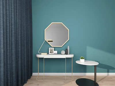 Modern Dressing Table With White Countertop Gold Legs And Octagonal Mirror On Teal Wall 3d model