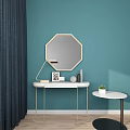 Modern Dressing Table With White Countertop Gold Legs And Octagonal Mirror On Teal Wall