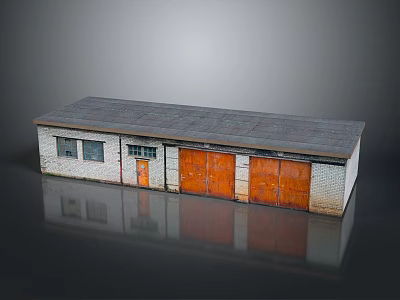 Small Warehouse Building With Gray Roof White Brick Walls Small Windows And Orange Garage Doors 3d model