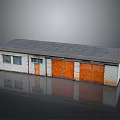 Small Warehouse Building With Gray Roof White Brick Walls Small Windows And Orange Garage Doors