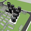 Modern High Rise Office Building with Glass Curtain Wall Surrounded by Trees in Urban Area
