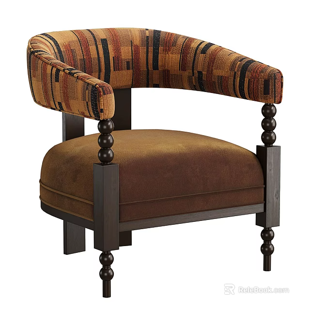 Colorful Striped Armrest Single Sofa With Brown Cushioned Seat And Dark Wood Beaded Legs 3d model 