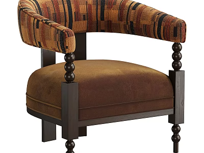 Colorful Striped Armrest Single Sofa With Brown Cushioned Seat And Dark Wood Beaded Legs 3d model