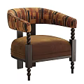 Colorful Striped Armrest Single Sofa With Brown Cushioned Seat And Dark Wood Beaded Legs