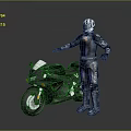 Armored Character In Silver Helmet And Blue Black Armor By Black Motorcycle